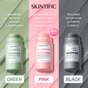 [SKINTIFIC OFFICIAL] SKINTIFIC Mugwort & Alaska Volcano & Niacinamide Bright Boost Clay Stick pink green gray Masker 40g