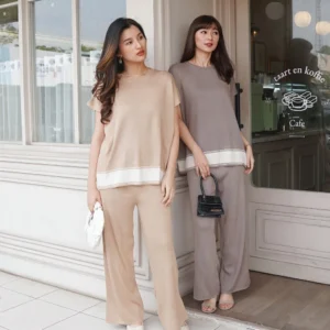 Clouwny Mile Knit Set Setelan Celana Wanita Atasan Lengan Pendek Fashion Wanita Premium Knit