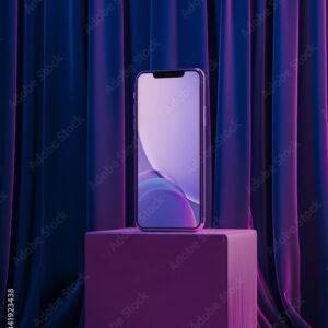 Modern iPhone with blank screen on vibrant purple and blue geometric pedestal