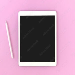 Tablet mockup screen with stylus pencil for drawing and artist, colorful pink background, copy space photo