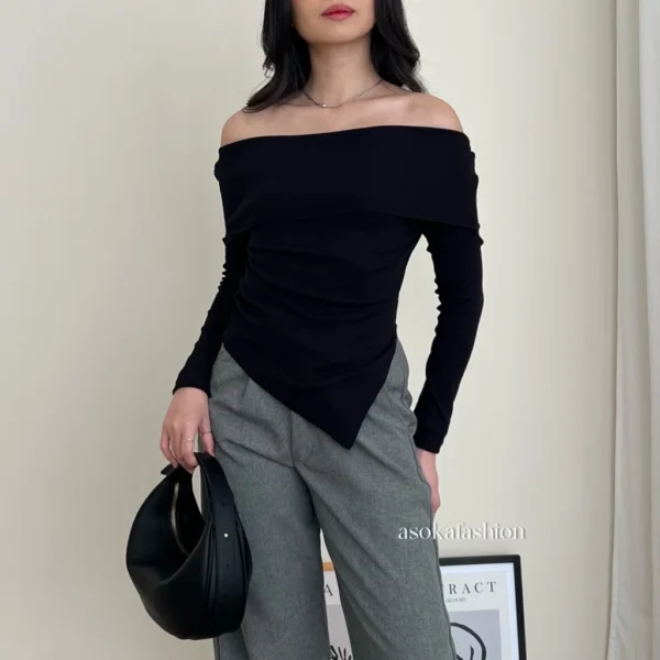 ASOKA Kalu Top 3130 - Atasan Wanita Knit Korean - Off Shoulder Long Sleeve - Sabrina Top Asimetris - Image 6