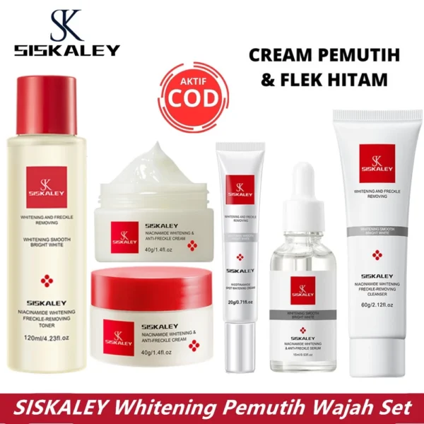 SISKALEY 5 In1 Niacinamide Flek & Whitening Set Penghilang Flek Hitam Darkspot Treatm Facial Wash Darkspot Face Cream Flek UV Serum