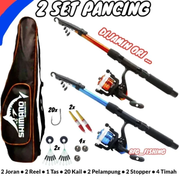 2 Set Joran 150cm dan Reel Pancing Biru Merah Plus Tas Bonus Kail Stopper Pelampung Timah - Image 6