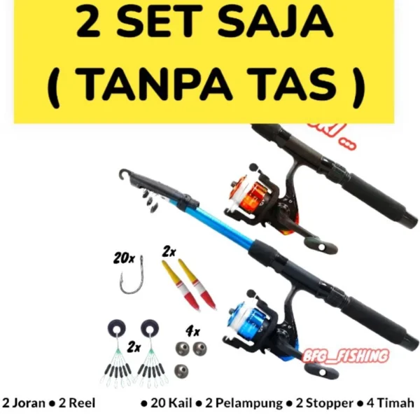 2 Set Joran 150cm dan Reel Pancing Biru Merah Plus Tas Bonus Kail Stopper Pelampung Timah - Image 4