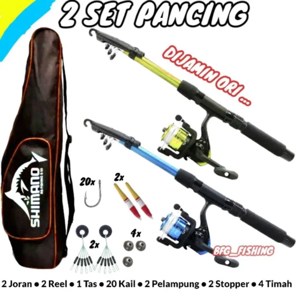 2 Set Joran 150cm dan Reel Pancing Biru Merah Plus Tas Bonus Kail Stopper Pelampung Timah - Image 3