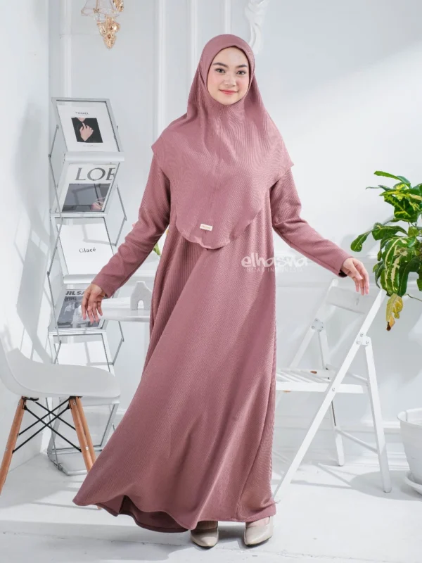 Elhasna Hijab Indonesia Abaya Set Gamis Muslim Allura Knit Button Premium - Image 2