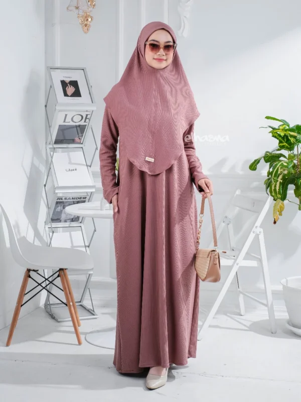 Elhasna Hijab Indonesia Abaya Set Gamis Muslim Allura Knit Button Premium