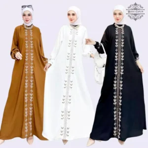 BATIK CAPLIN – Gamis Bordir Crinkle Amecca Lebaran Busui Resleting Lengan Karet