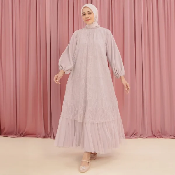 HijabChic Syahira Pink Nude Dress - Dress Brukat Tulle Kondangan Elegan Best Seller