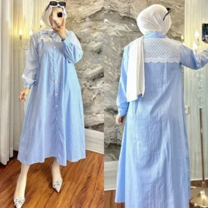 Vallina Outfit – Gaudi Midi Dress Wanita Muslim Katun Salur Mix Brukat Premium OOTD Casual Daily