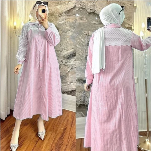 Vallina Outfit - Gaudi Midi Dress Wanita Muslim Katun Salur Mix Brukat Premium OOTD Casual Daily - Image 4