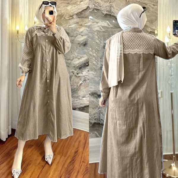 Vallina Outfit - Gaudi Midi Dress Wanita Muslim Katun Salur Mix Brukat Premium OOTD Casual Daily - Image 5