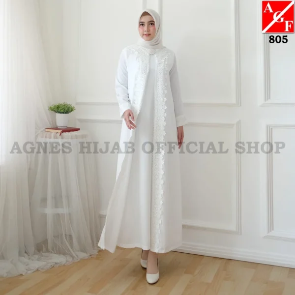 Agnes Hijab - Gamis Putih Baju Lebaran 2025 Terbaru Dress Muslim Kekinian Abaya Putih Mewah 805 - Image 3