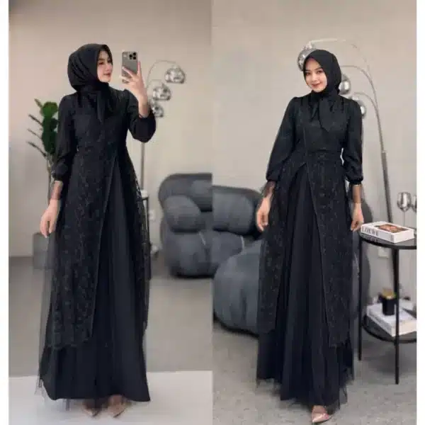Kinar Dress Silk Kombinasi Tile Garden Premium Warna Burgundy Gamis Brukat Tile Pesta Wanita Mewah - Image 3