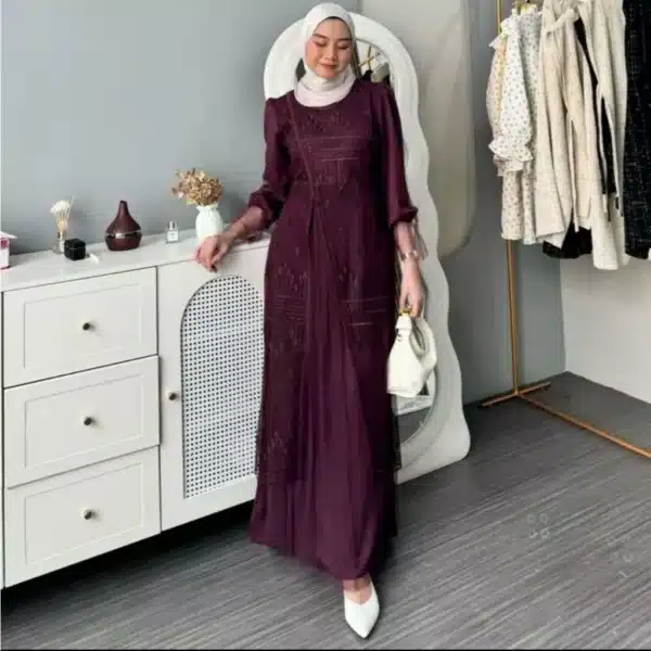 Kinar Dress Silk Kombinasi Tile Garden Premium Warna Burgundy Gamis Brukat Tile Pesta Wanita Mewah