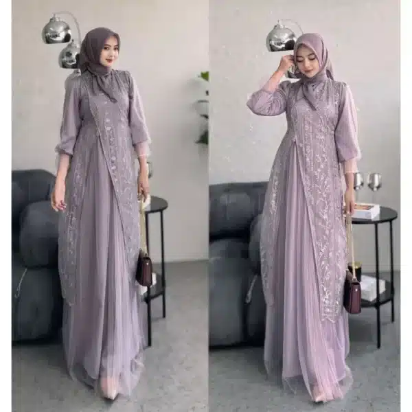 Kinar Dress Silk Kombinasi Tile Garden Premium Warna Burgundy Gamis Brukat Tile Pesta Wanita Mewah - Image 6