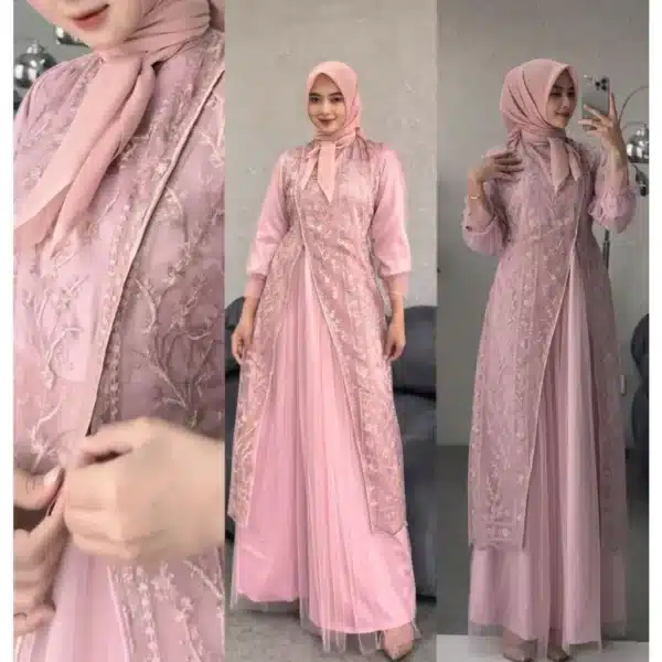 Kinar Dress Silk Kombinasi Tile Garden Premium Warna Burgundy Gamis Brukat Tile Pesta Wanita Mewah - Image 8