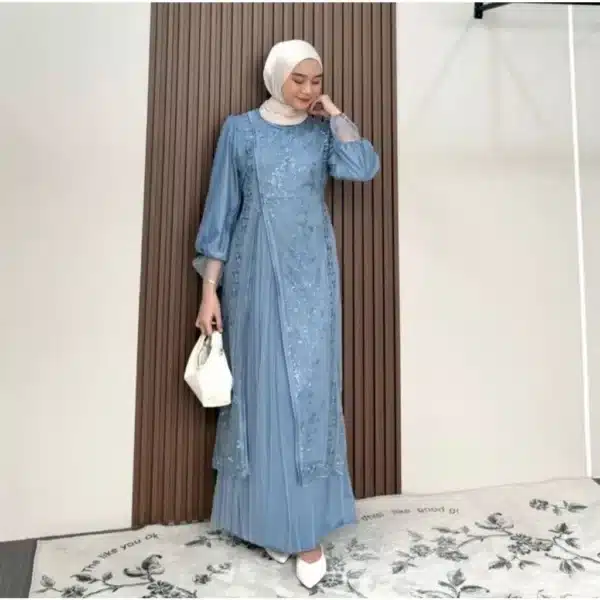 Kinar Dress Silk Kombinasi Tile Garden Premium Warna Burgundy Gamis Brukat Tile Pesta Wanita Mewah - Image 9