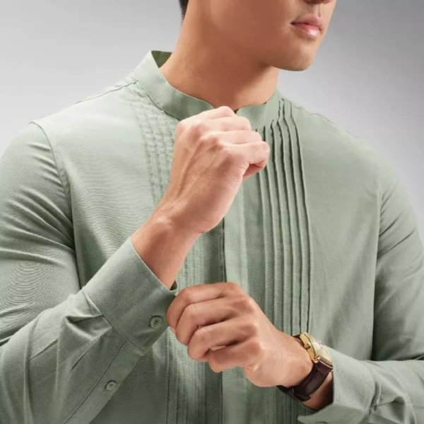 CUTOFF Shaka Oxford Pleated Collarless Shirt Kemeja Koko Pria Lengan Panjang - Image 7