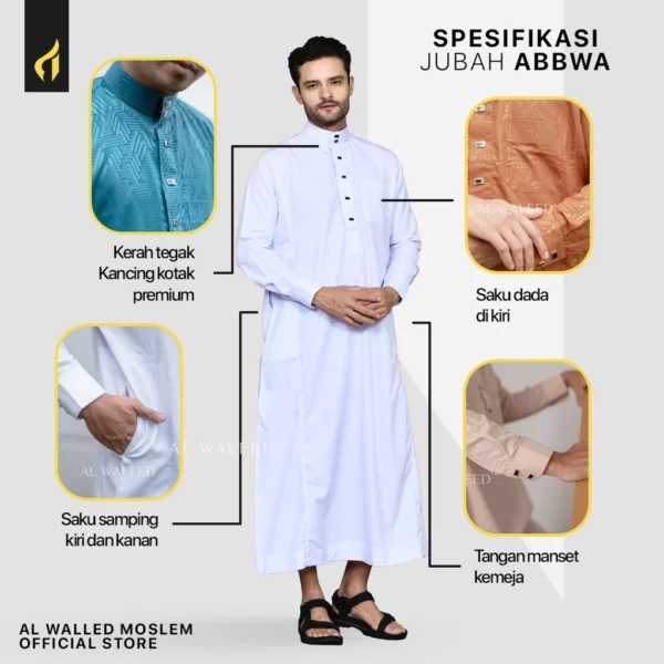 Al Waleed Moslem Jubah Pria Abbwa Motif Embos Warna Putih - Image 7